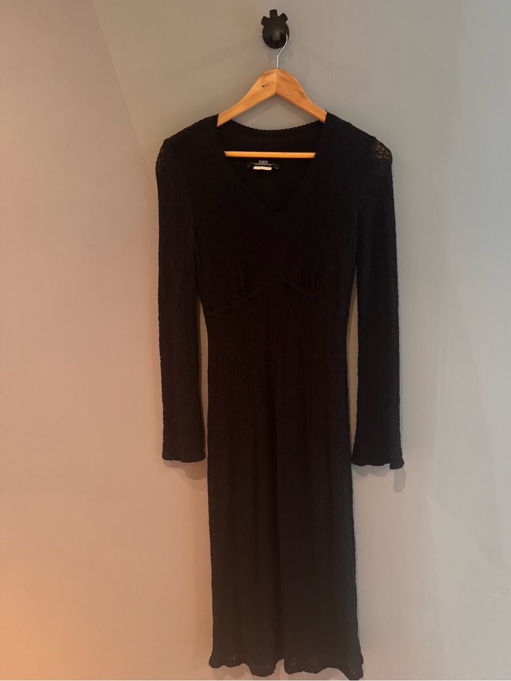 Vintage B. Moss Black Long-Sleeve V-Neck Lace Midi Dress